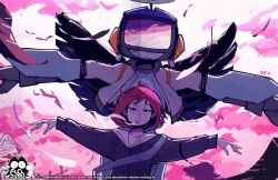 Rule 34 | 1girl, 1other, 4th chaos emerald, artist logo, artist name, bag, black wings, blue bag, blue shirt, bob cut, brown eyes, canti, cigarette, clock, clock tower, cloud, cloudy sky, commentary, crt, english text, feathered wings, flcl, guest art, halo, height difference, highres, holding, holding bag, jacket, jitome, long sleeves, open clothes, open jacket, outdoors, outstretched arms, pink sky, red hair, robot, sailor collar, samejima mamimi, school bag, school uniform, second-party source, seigaiha, serafuku, shirt, short hair, signature, sky, smoke, smoking, t-pose, tower, translated, upper body, white jacket, white sailor collar, wings