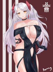 Rule 34 | 1girl, absurdres, alternate costume, arm behind back, azur lane, bare shoulders, black dress, black gloves, blush, breasts, choker, cleavage, collar, collarbone, derivative work, dress, gloves, hair ornament, hair ribbon, hand on back, highres, large breasts, long hair, looking at viewer, open mouth, orange eyes, prinz eugen (azur lane), ribbon, silver hair, simple background, solo, spiked collar, spiked gloves, spikes, standing, thighs, xiao huanggua