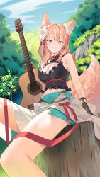 Rule 34 | 1girl, animal ear fluff, animal ears, bare arms, black gloves, black shirt, bow, breasts, character request, cleavage, cleavage cutout, closed mouth, clothing cutout, crop top, day, flower, foreshortening, fox ears, fox tail, gloves, green eyes, guitar, hair flower, hair ornament, highres, indie virtual youtuber, instrument, kitada mo, long hair, looking at viewer, medium breasts, midriff, navel, outdoors, pink hair, pink tail, red bow, red ribbon, ribbon, shirt, sitting, skirt, sleeveless, sleeveless shirt, smile, solo, tail, thighs, tree stump, virtual youtuber, white flower, white skirt