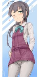 Rule 34 | 1girl, absurdres, ahoge, black hair, blush, bow, breasts, character name, closed mouth, dress, fujinami (kancolle), hair between eyes, highres, kantai collection, long hair, okiraku nikku, one eye closed, panties, pantyhose, ponytail, school uniform, shirt, small breasts, smile, solo, striped clothes, striped panties, underwear, white pantyhose, white shirt