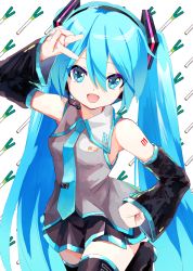 Rule 34 | 1girl, :d, aqua eyes, aqua hair, aqua necktie, bare shoulders, black skirt, black sleeves, black thighhighs, commentary, cowboy shot, detached sleeves, grey shirt, hair ornament, hand on own hip, hand up, hatsune miku, headphones, headset, highres, leg up, long hair, looking at viewer, miniskirt, necktie, open mouth, pleated skirt, shirt, shoulder tattoo, skirt, sleeveless, sleeveless shirt, smile, solo, spring onion, takepon1123, tattoo, thighhighs, twintails, v, very long hair, vocaloid, white background, zettai ryouiki