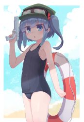 Rule 34 | 1girl, absurdres, blue eyes, blue hair, blue one-piece swimsuit, blue sky, cloud, covered navel, cowboy shot, day, flat chest, goggles, goggles on head, green hat, hair bobbles, hair ornament, hat, highres, kawashiro nitori, kibisake, lifebuoy, medium hair, old school swimsuit, one-piece swimsuit, outdoors, school swimsuit, shade, sky, solo, standing, swim ring, swimsuit, thighs, touhou, twintails, two side up, water gun