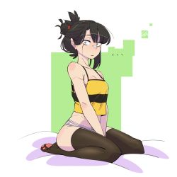 Rule 34 | ..., 1girl, absurdres, bare shoulders, bed sheet, between legs, black hair, black thighhighs, blush, breasts, camisole, cleavage, collarbone, commentary, copyright request, english commentary, glasses, green background, green eyes, hair tie, hand between legs, highres, looking at viewer, panties, short hair, sitting, small breasts, solo, spoken ellipsis, striped clothes, striped panties, thighhighs, underwear, unhinged, wariza, white background, wide-eyed