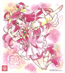 Rule 34 | 1girl, blush, butterfly brooch, butterfly earrings, cure dream, earrings, fingerless gloves, gloves, hair rings, highres, jewelry, long hair, magical girl, official art, open mouth, pink footwear, pink hair, pink theme, precure, purple eyes, smile, solo, third-party source, two side up, yes! precure 5, yes! precure 5 gogo!, yumehara nozomi