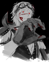 Rule 34 | 1boy, blood, blood on face, blood on hands, cropped torso, epaulettes, from below, glasses, gloves, greyscale, headband, koby (one piece), male focus, mocchi (mkz), monochrome, one piece, outstretched hand, reaching, reaching towards viewer, red eyes, sanpaku, short hair, solo, spot color, wide-eyed
