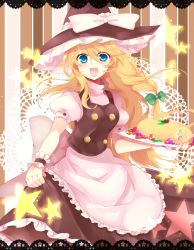 Rule 34 | 1girl, :d, apron, blonde hair, blue eyes, bow, braid, cookie, fang, food, hair ribbon, hall jion, hat, hat bow, kirisame marisa, open mouth, pastry, ribbon, single braid, smile, solo, star (symbol), touhou, tray, waist apron, witch hat, wrist cuffs