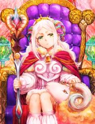 Rule 34 | 1girl, bell, cape, chair, dress, green eyes, highres, horns, jewelry, long hair, makeup, mascara, original, pink dress, sheep, sheep horns, sitting, solo, sparkle, staff, sumimoto ryuu, throne, tiara, triangle mouth, white hair