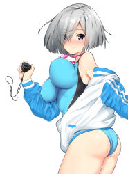 Rule 34 | 1girl, blue eyes, blue one-piece swimsuit, breasts, c@rbon, competition swimsuit, eyes visible through hair, goggles, goggles around neck, hair ornament, hair over one eye, hamakaze (kancolle), highres, jacket, kantai collection, large breasts, one-piece swimsuit, short hair, silver hair, solo, stopwatch, swimsuit, swimsuit under clothes, track jacket, watch