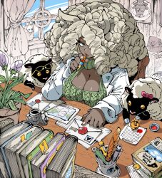 Rule 34 | 1girl, book, breasts, chair, cleavage, cup, curtains, dark-skinned female, dark skin, flower, green eyes, indoors, kafun, large breasts, monocle, original, paper, pen, plant, potted plant, sheep, shirt, sitting, table, window