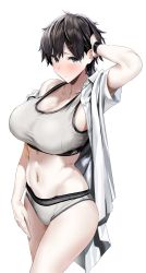 Rule 34 | 1girl, absurdres, black hair, blue eyes, blush, bra, breasts, cleavage, dress shirt, enokido (reido1177), grey bra, grey panties, hair ornament, hairclip, hand in own hair, highres, large breasts, navel, open clothes, open shirt, original, panties, shirt, short hair, sports bra, standing, thighs, underwear, white background, white shirt, wristband