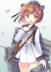 Rule 34 | 1girl, :d, absurdres, binoculars, blue sailor collar, blush, brown eyes, brown hair, cannon, collarbone, commentary request, dress, flower, gradient background, grey background, grey neckwear, hair flower, hair ornament, hand up, headgear, highres, holding, ichi (ichi.colors), kantai collection, long sleeves, looking at viewer, open mouth, petals, sailor collar, sailor dress, smile, solo, standing, thigh gap, torpedo tubes, turret, white dress, yukikaze (kancolle), yukikaze kai ni (kancolle)