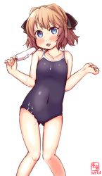 Rule 34 | 1girl, alternate costume, artist logo, black one-piece swimsuit, black ribbon, blue eyes, brown hair, commentary request, competition school swimsuit, covered navel, dated, dripping, flat chest, food, gluteal fold, hachijou (kancolle), hair ribbon, highres, kanon (kurogane knights), kantai collection, knees together feet apart, legs together, looking at viewer, one-piece swimsuit, popsicle, ribbon, school swimsuit, short hair, simple background, solo, swimsuit, tongue, tongue out, white background