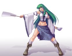 Rule 34 | 1girl, bare shoulders, blush, boots, breasts, crop top, detached sleeves, full body, green eyes, green hair, groin, hair ornament, hater (hatater), highres, hip focus, kochiya sanae, large breasts, legs apart, lowleg, lowleg skirt, matching hair/eyes, midriff, navel, open mouth, outstretched arm, shirt, side slit, skirt, sleeveless, sleeveless shirt, solo, standing, toned, touhou, wide sleeves, wide stance