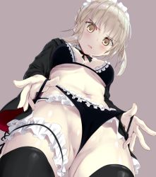 Rule 34 | 1girl, apron, artoria pendragon (all), artoria pendragon (alter swimsuit rider) (second ascension) (fate), artoria pendragon (fate), bikini, black bikini, black thighhighs, blush, breasts, bridal garter, brown eyes, cowboy shot, detached collar, fate/grand order, fate (series), frill trim, frills, from below, gluteal fold, highres, kagome (traumatize), light brown hair, looking down, maid headdress, medium breasts, navel, open mouth, pale skin, ribbon, saber alter, short hair, simple background, solo, swimsuit, thighhighs, underboob, waist apron