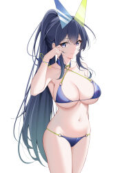 Rule 34 | 1girl, absurdres, azur lane, bikini, blue bikini, blue hair, breasts, catnnn, cleavage, cowboy shot, criss-cross halter, halterneck, hand on own cheek, hand on own face, hand up, high ponytail, highres, large breasts, looking at viewer, new jersey (azur lane), new jersey (midsummer leisure) (azur lane), official alternate costume, smile, swimsuit, thong bikini, tinted eyewear, white background