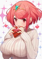 Rule 34 | 1girl, absurdres, blush, box, box of chocolates, breasts, drop earrings, earrings, green322, heart, heart-shaped box, highres, jewelry, large breasts, long sleeves, pyra (xenoblade), red eyes, red hair, ribbed sweater, short hair, solo, sweater, swept bangs, tiara, valentine, white sweater, xenoblade chronicles (series), xenoblade chronicles 2