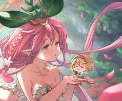 Rule 34 | 2girls, blonde hair, bucketpurin, chibi, djeeta (granblue fantasy), flower, giant, giantess, granblue fantasy, hair flower, hair ornament, hairband, leaf, leaf on head, low twintails, monster girl, multiple girls, pink hair, pink hairband, plant girl, plant on head, pointy ears, short hair, sprout on head, twintails, yggdrasil (granblue fantasy)