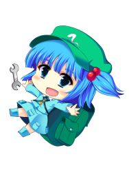 Rule 34 | 1girl, backpack, bag, blue eyes, blue hair, boots, bow, deformed, hainakku, hair bow, hat, kawashiro nitori, key, matching hair/eyes, solo, touhou, twintails, two side up, wrench