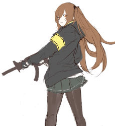 Rule 34 | 1girl, black bow, black gloves, black jacket, black pantyhose, black skirt, bow, brown eyes, brown hair, closed mouth, ff frbb122, fingerless gloves, girls&#039; frontline, gloves, gun, h&amp;k ump, hair bow, highres, holding, holding weapon, jacket, long hair, looking at viewer, looking to the side, pantyhose, skirt, smile, solo, standing, submachine gun, twintails, ump9 (girls&#039; frontline), weapon, white background