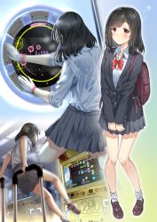 Rule 34 | 1girl, aldehyde, arcade, arcade cabinet, arrow (symbol), back, backpack, bag, black hair, bobby socks, bow, bowtie, bra visible through clothes, brown eyes, commentary request, dance dance revolution, gameplay mechanics, gloves, highres, knees together feet apart, loafers, looking at viewer, maimai (game), medium hair, motion blur, multiple views, original, playing games, pleated skirt, school uniform, see-through, shirt, shoes, skirt, sleeves rolled up, socks, sweat, wet, wet clothes, wet shirt, white gloves, white socks