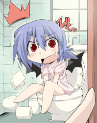 Rule 34 | 1girl, ^^^, bibi02, blue hair, bottomless, chibi, fang, female focus, open mouth, red eyes, remilia scarlet, sitting, solo, toilet, toilet paper, toilet use, touhou, walk-in, wings