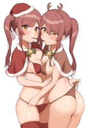 Rule 34 | 2girls, absurdres, ass, bell, bikini, blush, breast press, breasts, brown bikini, christmas, fake antlers, food, hat, highres, idolmaster, idolmaster shiny colors, incest, looking at viewer, medium breasts, multiple girls, neck bell, osaki amana, osaki tenka, pocky, pocky kiss, red bikini, red headwear, red thighhighs, santa hat, shared food, siblings, side ponytail, sidelocks, simple background, sisters, swimsuit, symmetrical docking, thighhighs, twincest, twins, wanimaru, white background, yellow eyes, yuri
