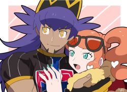 Rule 34 | 1boy, 1girl, baseball cap, bright pupils, cape, champion uniform, creatures (company), dark skin, diagonal-striped background, eyewear on head, fur trim, game freak, glasses on head, gloves, green eyes, green nails, hair ornament, hand on another&#039;s chest, hat, heart, heart hair ornament, hug, leon (pokemon), looking to the side, nail polish, nintendo, open mouth, orange hair, partially fingerless gloves, pokemon, pokemon swsh, purple hair, rem (eyes 410), short sleeves, side ponytail, smile, sonia (pokemon), striped, striped background, upper body, white pupils, yellow eyes