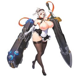 Rule 34 | 1girl, armpits, bare shoulders, black thighhighs, breasts, breasts out, closed mouth, curvy, detached collar, elbow gloves, feet, full body, glasses, gloves, hair bun, hand up, happy, holding, holding weapon, huge breasts, huge weapon, labiata (last origin), lactation, last origin, legs, looking at viewer, maid, milk, navel, nipples, red eyes, shoes, silver hair, single hair bun, skirt, smile, solo, standing, sword, thick thighs, thighhighs, thighs, third-party edit, transparent background, weapon
