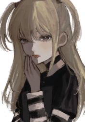 Rule 34 | 1girl, amane misa, bad anatomy, bad id, bad twitter id, black choker, blonde hair, choker, closed mouth, death note, eyelashes, grey eyes, highres, long eyelashes, long hair, simple background, solo, striped clothes, twintails, upper body, white background