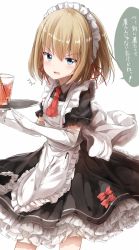 Rule 34 | 10s, 1girl, ^^^, alternate costume, apron, ascot, black dress, blonde hair, blue eyes, bow, cowboy shot, cup, dress, drinking straw, elbow gloves, enmaided, fang, frilled dress, frills, girls und panzer, gloves, hair ribbon, highres, holding, katyusha (girls und panzer), looking at viewer, maid, maid apron, maid headdress, open mouth, pentagon (railgun ky1206), petticoat, red bow, red ribbon, ribbon, short hair, short sleeves, simple background, soda, solo, standing, translated, tray, white background, white gloves