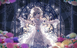 Rule 34 | 1girl, alice margatroid, alternate costume, backlighting, blonde hair, blue eyes, blue flower, blue rose, bridal veil, brooch, dress, flower, head tilt, highres, jewelry, long sleeves, looking at viewer, outstretched arms, qys3, rose, smile, solo, touhou, veil, wedding dress, white dress, white flower, white rose, wide sleeves, yellow flower, yellow rose