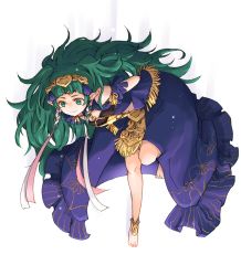 Rule 34 | 1girl, anklet, arms behind back, barefoot, closed mouth, clothing cutout, dress, fire emblem, fire emblem: three houses, floating hair, green eyes, green hair, jewelry, long hair, nintendo, pointy ears, purple dress, robaco, shoulder cutout, smile, solo, sothis (fire emblem), very long hair, white background