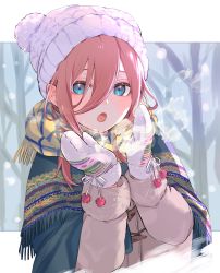 Rule 34 | 1girl, :o, absurdres, aibon, blue eyes, blush, brown coat, brown hair, coat, commentary request, eyebrows hidden by hair, gloves, go-toubun no hanayome, hair between eyes, hat, highres, long hair, long sleeves, looking at viewer, nakano miku, open mouth, outdoors, pom pom (clothes), scarf, shawl, solo, steam, tree, upper body, winter, winter clothes, winter gloves