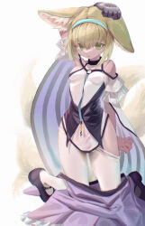 Rule 34 | 1girl, absurdres, animal ears, arknights, arm behind back, arm up, bare shoulders, black footwear, black gloves, blonde hair, blue hairband, breasts, cape, clothes pull, dress, fox ears, fox girl, fox tail, full body, gloves, green eyes, hairband, highres, kneeling, looking at viewer, mary janes, multiple tails, pantyhose, pantyhose pull, parted lips, shoes, short hair, short sleeves, simple background, single glove, slox, small breasts, solo, suzuran (arknights), tail, white background, white cape, white dress, white pantyhose