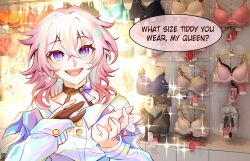 Rule 34 | 1girl, :d, black choker, blue eyes, bra, choker, commentary, highres, honkai: star rail, honkai (series), indoors, long sleeves, looking at viewer, march 7th (honkai: star rail), open mouth, oversaltedcat, photo background, pink hair, shirt, short hair, smile, solo, underwear, upper body, white shirt