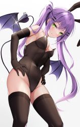 Rule 34 | 1girl, :p, absurdres, alternate costume, animal ears, black leotard, black thighhighs, blush, breasts, closed mouth, covered navel, demon tail, demon wings, ear piercing, green eyes, groin, hair ornament, hairclip, hands on own hips, highres, hololive, leotard, long hair, looking at viewer, medium breasts, piercing, playboy bunny, purple hair, rabbit ears, sideboob, simple background, solo, tail, tail ornament, tail piercing, thighhighs, tokoyami towa, tongue, tongue out, twintails, utekiro, virtual youtuber, white background, wings