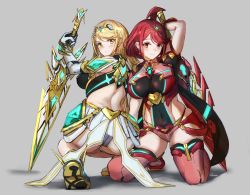 Rule 34 | 2girls, ass, back, bare shoulders, black gloves, blonde hair, blush, breasts, chest jewel, covered navel, dress, earrings, elbow gloves, fingerless gloves, gloves, highres, ippers, jewelry, kneeling, large breasts, long hair, looking at viewer, looking back, multiple girls, mythra (xenoblade), nintendo, pyra (xenoblade), red eyes, red hair, red legwear, red shorts, short dress, short hair, short shorts, shorts, smile, squatting, super smash bros., swept bangs, sword, thigh strap, thighhighs, tiara, weapon, white dress, white footwear, white gloves, xenoblade chronicles (series), xenoblade chronicles 2, yellow eyes