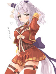 Rule 34 | 1girl, absurdres, animal ears, arm up, back bow, blush, bow, breasts, closed mouth, commentary request, cosplay, cowboy shot, ear covers, ear ornament, garter belt, grey eyes, grey hair, highres, hishi miracle (umamusume), horse ears, horse girl, horse tail, jacket, long sleeves, looking at viewer, maruzensky (umamusume), maruzensky (umamusume) (cosplay), medium breasts, medium hair, open mouth, purple bow, red jacket, red serafuku, red shirt, red thighhighs, school uniform, serafuku, shirt, simple background, smile, solo, tail, thigh strap, thighhighs, translation request, tsurubami (gaad5227), umamusume, white background, white bow