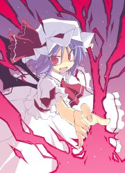 Rule 34 | 1girl, :d, bat wings, blue hair, fang, female focus, hat, hat ribbon, looking at viewer, open mouth, outstretched arm, red eyes, remilia scarlet, ribbon, satou kibi, smile, solo, spear the gungnir, touhou, wings