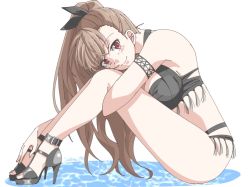 Rule 34 | 1girl, armpits, bare arms, bare legs, bare shoulders, belly, bikini, black bikini, blush, breasts, brown hair, bwave968, cleavage, collarbone, colored skin, eydis (sao), hair ornament, hair ribbon, heels, large breasts, long hair, long legs, looking at viewer, ponytail, red eyes, ribbon, sitting, smile, swimsuit, sword art online, sword art online: alicization, tattoo, thighs, water, white background, white skin