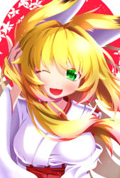 Rule 34 | 1girl, :3, :d, animal ears, blonde hair, blush, endless1192, eyes visible through hair, fox ears, fox girl, green eyes, hair intakes, hair over shoulder, hand up, highres, holding, holding hair, japanese clothes, long hair, looking at viewer, miko, one eye closed, open mouth, original, smile, solo, upper body