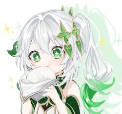 Rule 34 | 1girl, baozi, bare shoulders, blush, cross-shaped pupils, detached sleeves, dress, eating, food, genshin impact, gradient hair, green eyes, green hair, green sleeves, hair between eyes, hair ornament, highres, holding, holding food, leaf hair ornament, long hair, multicolored hair, nahida (genshin impact), shadow, side ponytail, simple background, solo, sparkle, symbol-shaped pupils, two-tone hair, unishuri, upper body, white background, white dress, white hair