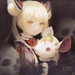 Rule 34 | 1girl, animal, blonde hair, character name, copyright name, double bun, echosdoodle, hair bun, long hair, looking at viewer, luna (shadowverse), mouse, shadowverse, twintails, upper body, yellow eyes