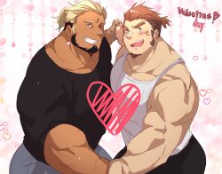 Rule 34 | 2boys, :d, bara, bare arms, beard, black shirt, blonde hair, brown hair, couple, denim, facial hair, goatee, happy valentine, heart, highres, holding hands, interlocked fingers, jeans, large pectorals, leoandaslan (leobongnana), light brown hair, long sideburns, male focus, mature male, multicolored hair, multiple boys, muscular, muscular male, one eye closed, open mouth, original, pants, pectoral docking, pectoral press, pectorals, ponytail, shirt, short hair, sideburns, smile, tank top, thick eyebrows, two-tone hair, valentine, white tank top, yaoi