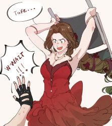 Rule 34 | 1boy, 1girl, absurdres, aerith gainsborough, aerith gainsborough (red dress), armpits, arms up, bare shoulders, black gloves, braid, braided ponytail, breasts, brown hair, chair, cleavage, cowboy shot, dreamsyndd, dress, english text, eyelashes, final fantasy, final fantasy vii, final fantasy vii remake, fingerless gloves, flower, folding chair, gloves, green eyes, hair flower, hair ornament, hair ribbon, highres, jewelry, long hair, medium breasts, meme, necklace, off-shoulder dress, off shoulder, open mouth, out of frame, parted bangs, red dress, ribbon, simple background, solo focus, speech bubble, wall market, white background