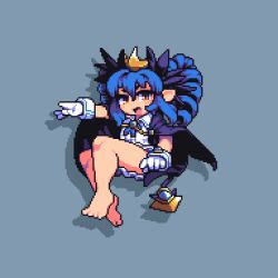 Rule 34 | 1girl, barefoot, black bow, black cape, blue gemstone, blue hair, bombergirl, bow, cape, commentary request, crown, dress, drill hair, full body, gem, gloves, grey background, hair between eyes, hair bow, highres, lewisia aquablue, long hair, looking at viewer, open mouth, pixel art, pointy ears, shadow, simple background, smile, solo, tonchamon san, twin drills, white dress, white gloves, yellow eyes