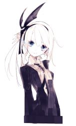 Rule 34 | 1girl, black dress, blue eyes, character request, copyright request, dress, hair ribbon, head tilt, highres, lace-trimmed collar, lace trim, looking at viewer, necktie, pale color, ribbon, riuichi, simple background, sketch, smile, solo, upper body, white background, white hair