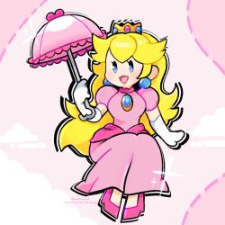 Rule 34 | 1girl, :d, artist name, blonde hair, blue eyes, blue gemstone, breasts, brooch, crown, dress, earrings, elbow gloves, eyelashes, full body, gem, gloves, highres, holding, holding umbrella, iamfixated, jewelry, knees up, lips, long hair, mario (series), medium breasts, nintendo, no socks, open hand, open mouth, outline, paper mario, parasol, pink background, pink dress, pink footwear, pink lips, pink umbrella, princess, princess peach, puffy short sleeves, puffy sleeves, short sleeves, silhouette, smile, solo, sparkle, super paper mario, twitter username, umbrella, white gloves, white outline, white umbrella