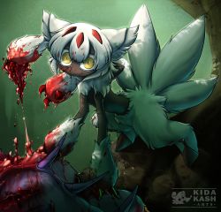 Rule 34 | absurdres, blood, blood on face, blood on hands, claws, faputa, flesh, fur, green background, guro, highres, kidakash, made in abyss, tearing up, white fur, yellow eyes