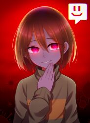 Rule 34 | 1other, arm at side, backlighting, blood, blood splatter, bob cut, brown hair, chara (undertale), close-up, commentary, constricted pupils, evil smile, glowing, glowing eyes, gradient background, green sweater, hair between eyes, hand on own face, hand up, highres, long sleeves, looking at viewer, loose hair strand, parted lips, raised eyebrows, red background, red eyes, short hair, smile, smiley face, smirk, solo, spoken smile, sweater, symbol-only commentary, turtleneck, turtleneck sweater, two-tone sweater, undertale, upper body, yellow sweater, yuupontan.